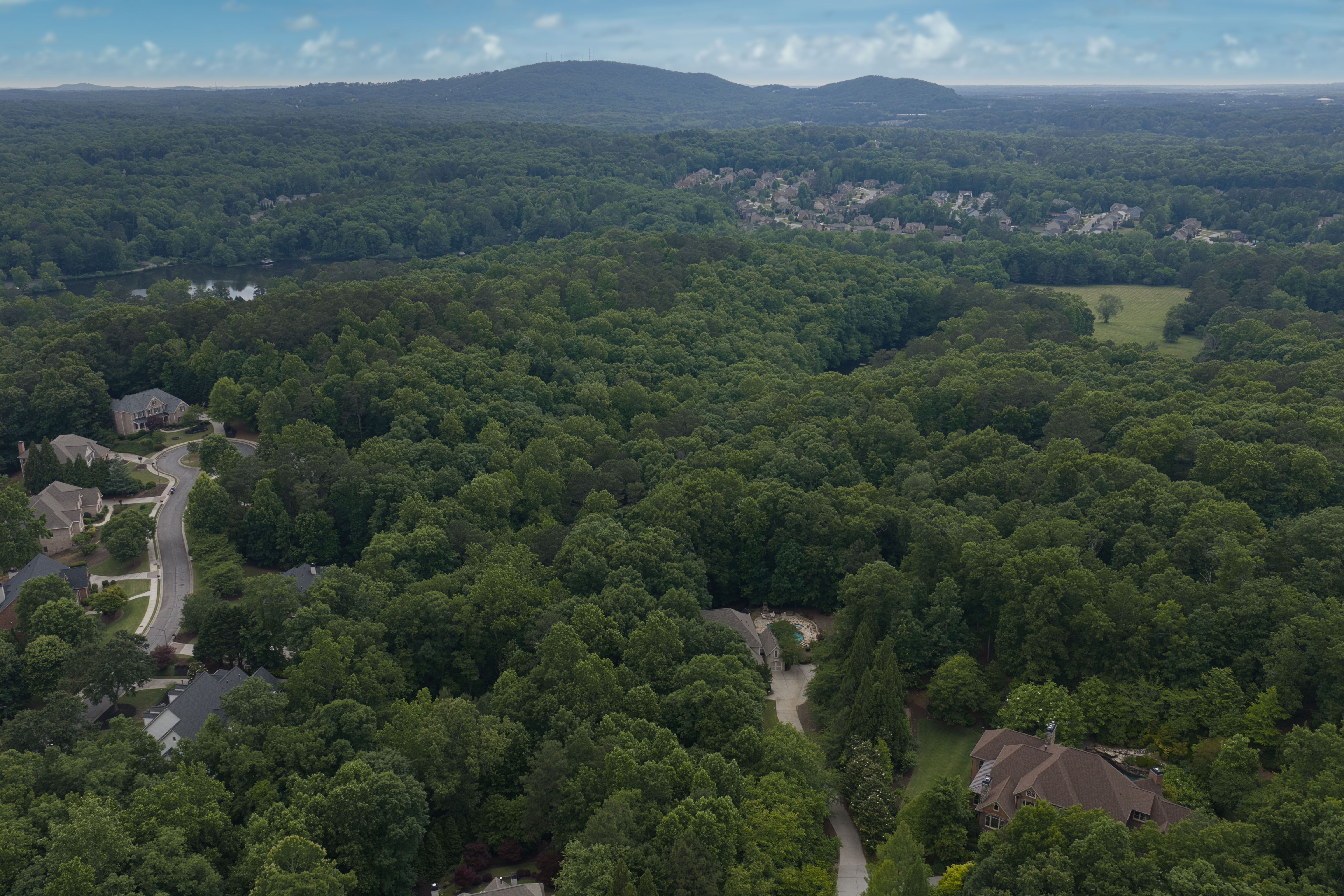 Mountain, lake, canopy and the estate — the full location in one frame