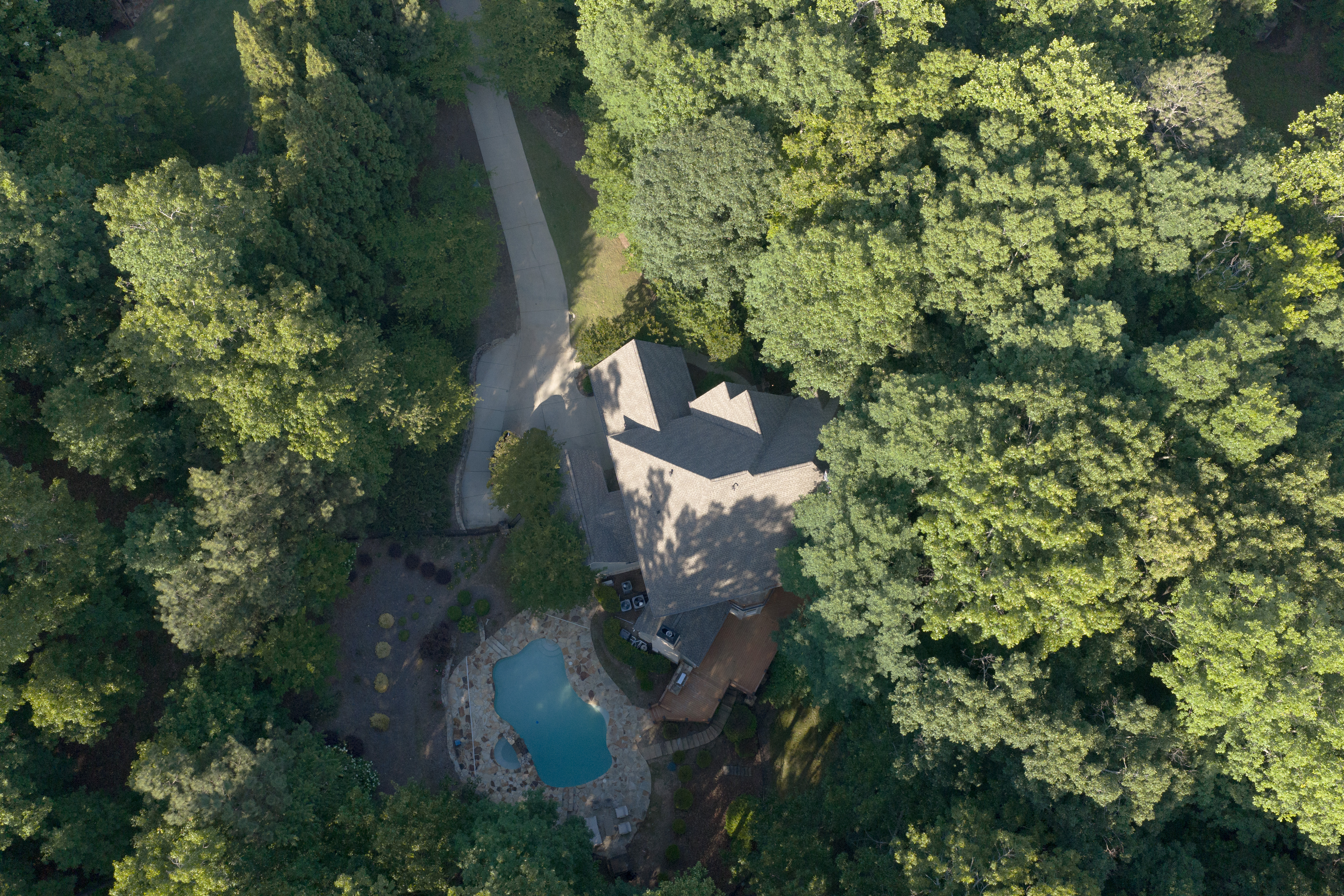 Straight down from altitude — the entire property consumed by Atlanta canopy, pool just visible