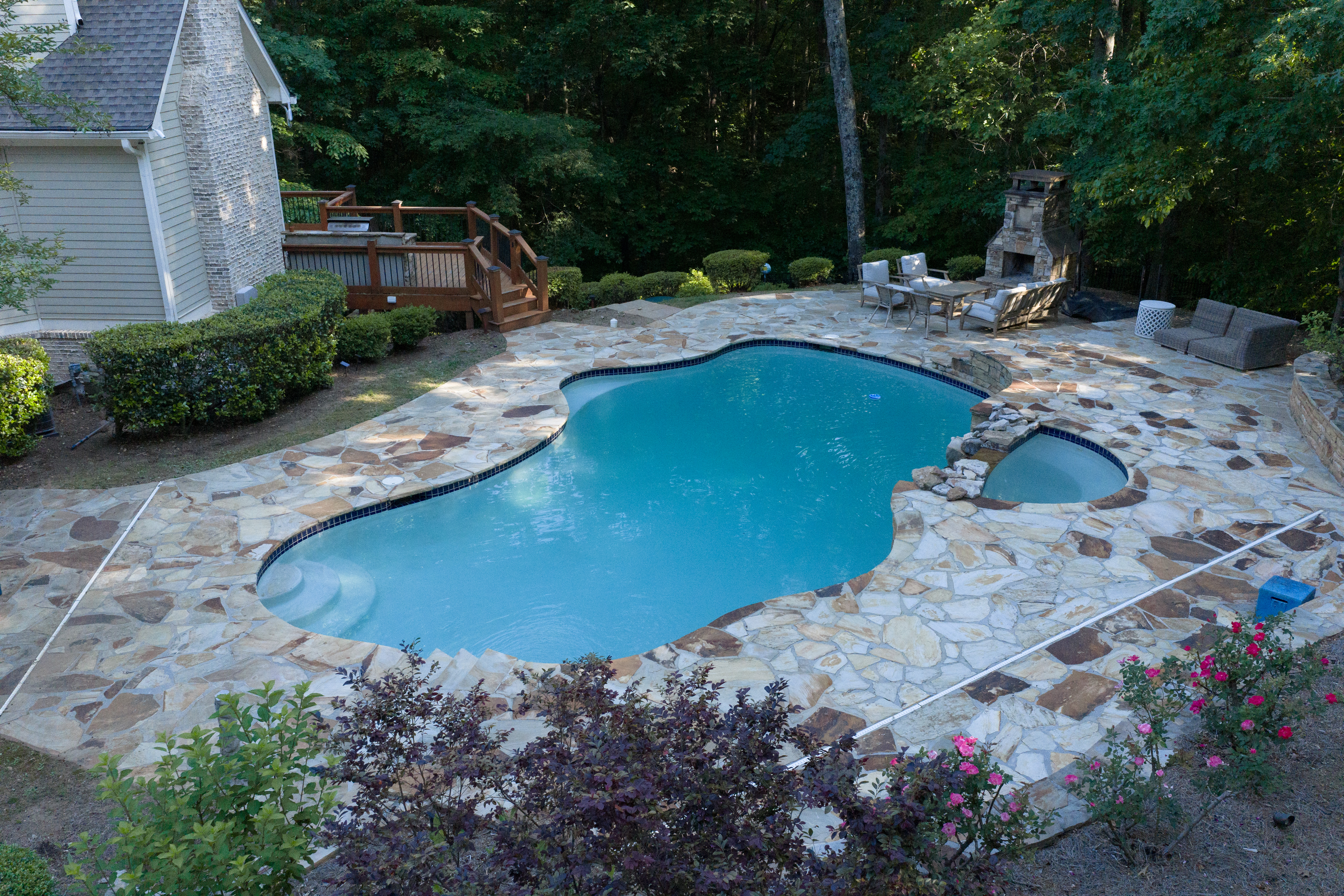 Pool from above — free-form organic shape, spa, fireplace and seating